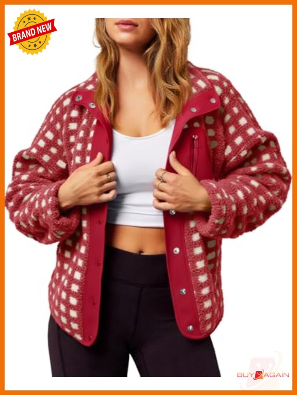 Women's Fuzzy Checkered Sherpa Fleece Jacket Button Down Winter Coat